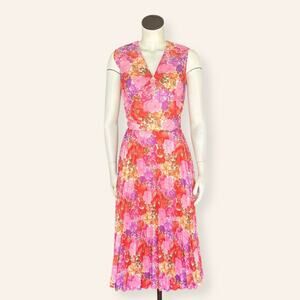 VTG Sleeveless V Neck Pink / Orange Floral Pleated Fit & Flare Midi Dress Size 6